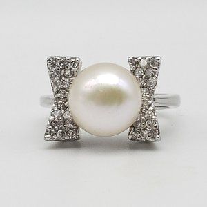 Pearl And Crystal Ring Sterling Silver 925 Size 7